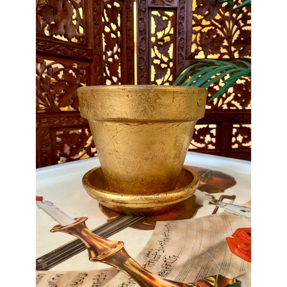 Vintage Pottery Barn Deroma Gilt Terracotta Pot and Saucer - Made In Italy - 5”